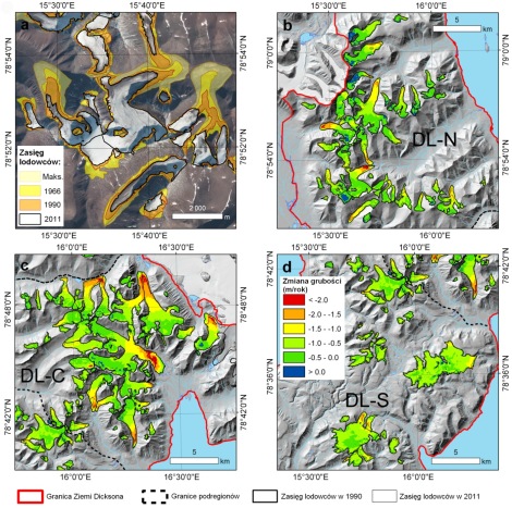 Zmiany kriosfery Ziemi Dicksona, Svalbard: a - przykład zmian powierzchni lodowców w XX i XXI wieku. Podkład ortofotomapy: Norsk Polarinstitutt; b, c, d - zmiany grubości lodowców w okresie 1990-2011 w podregionach Ziemi Dicksona: północnym (a), środkowym (b) i południowym (c). Na mapie niemal nie występują barwy niebieskie oznaczające przyrost grubości. Źródło: Małecki (2016)/The Cryosphere, CC-BY-3.0.